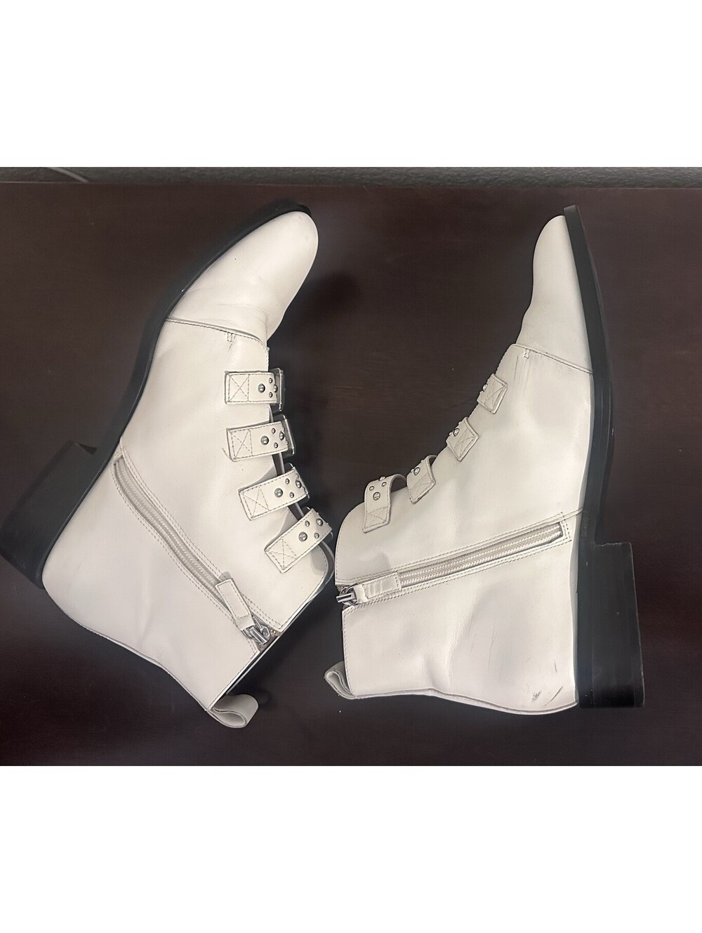 Halogen Studded Buckle Strap Ankle Boots White Leather Zip Block Heel Size 10 - Picture 4 of 9